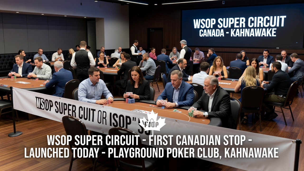 Poker tournament floor setup with players at WSOP Paradise tables