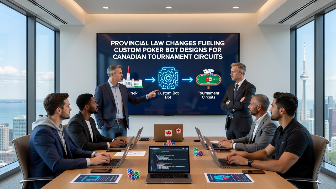 Software developers reviewing poker bot code with regulatory documents and tournament schedules in background