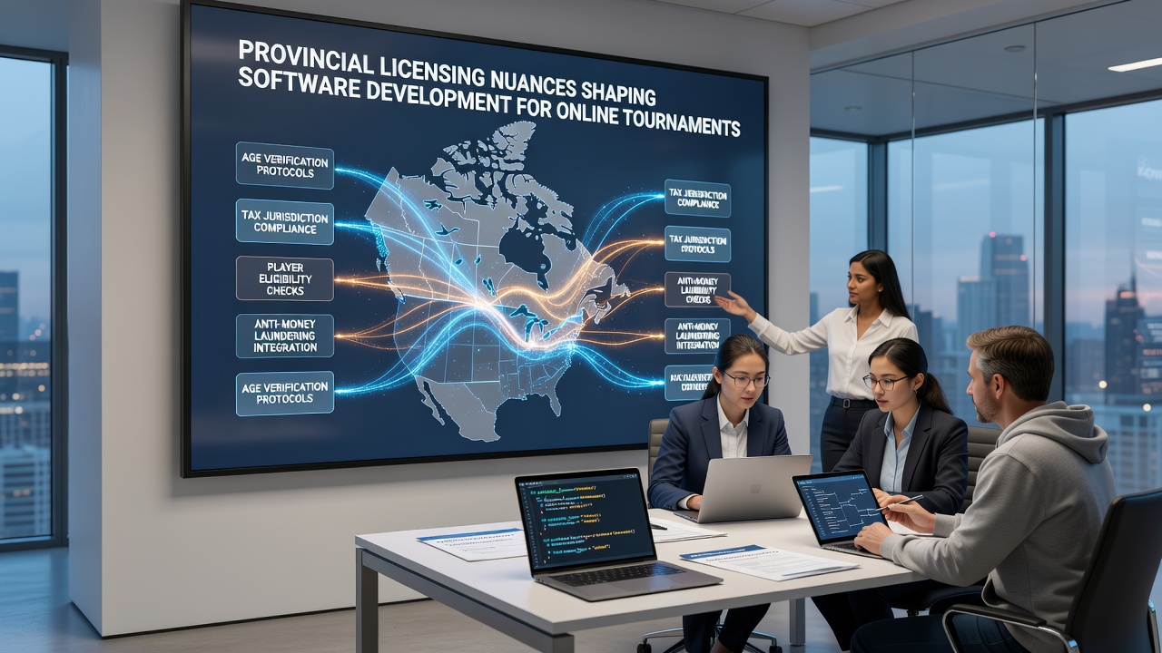 Developers reviewing tournament software code with provincial compliance overlays on multiple screens