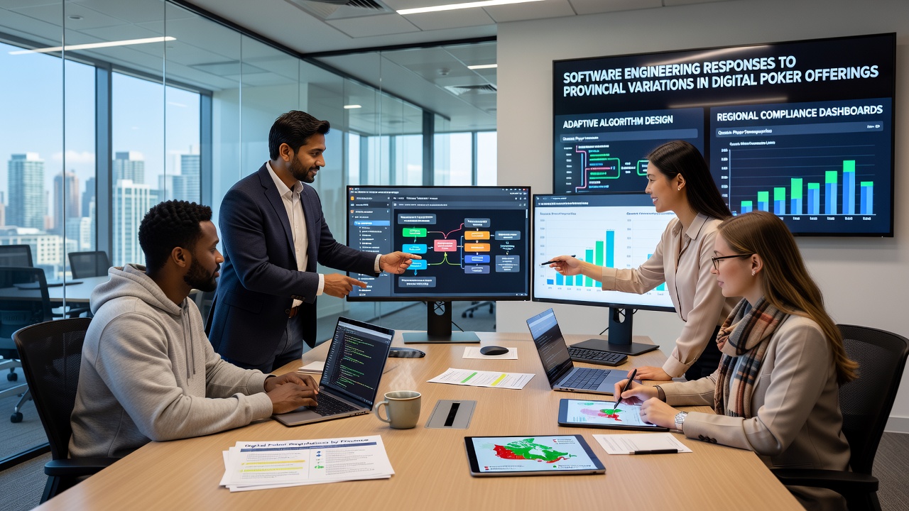 Developers reviewing code for poker platform compliance modules